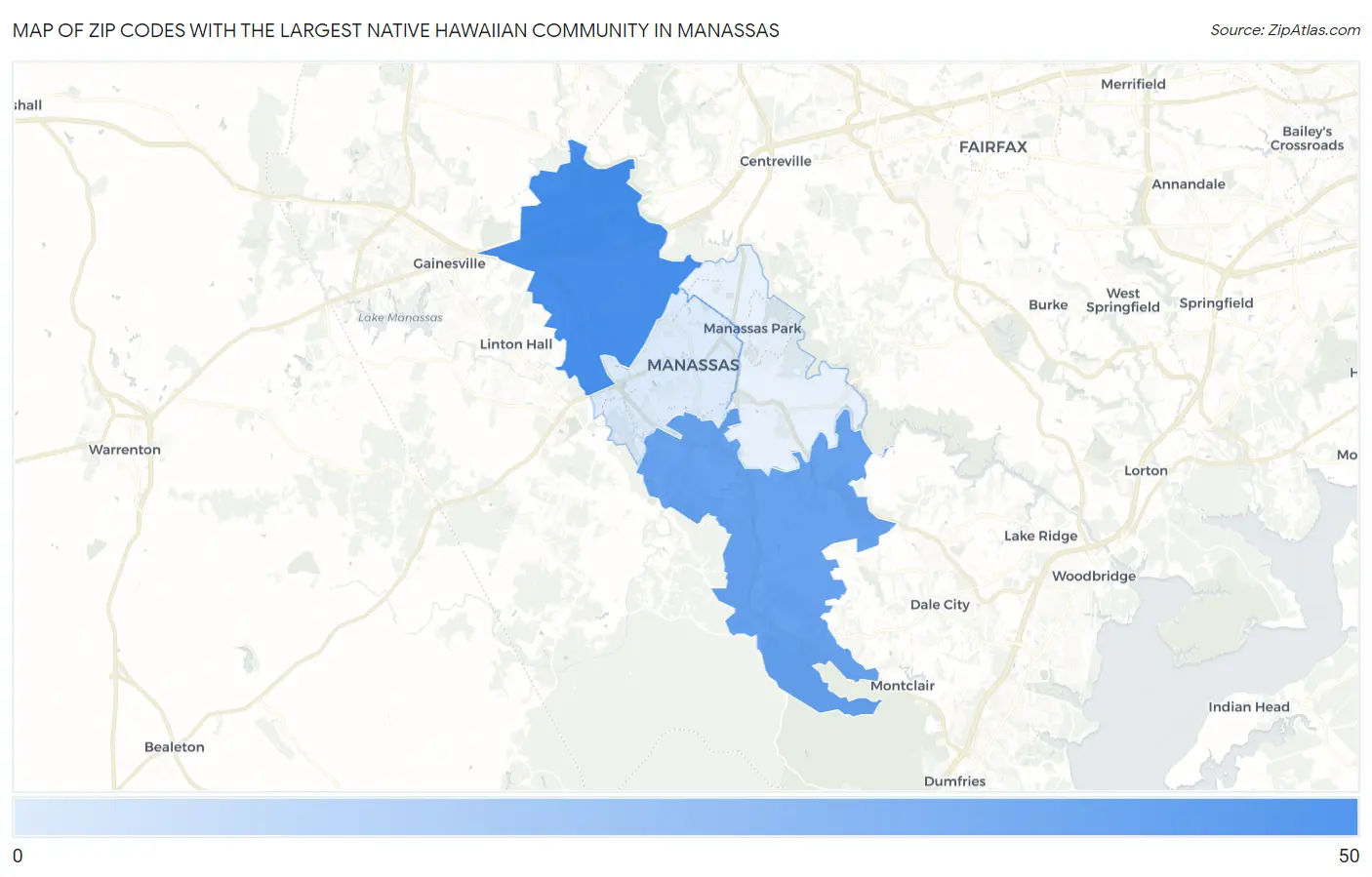Zip Codes with the Largest Native Hawaiian Community in Manassas Map