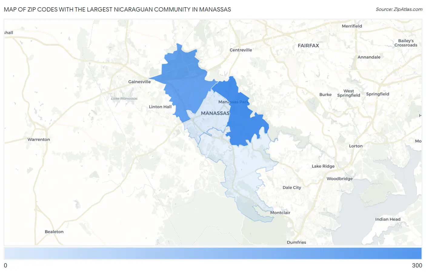 Zip Codes with the Largest Nicaraguan Community in Manassas Map