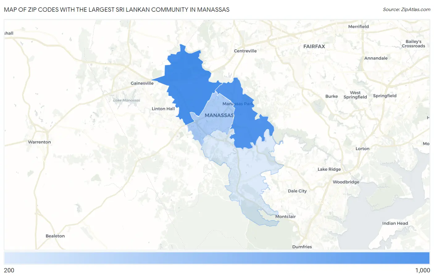 Zip Codes with the Largest Sri Lankan Community in Manassas Map