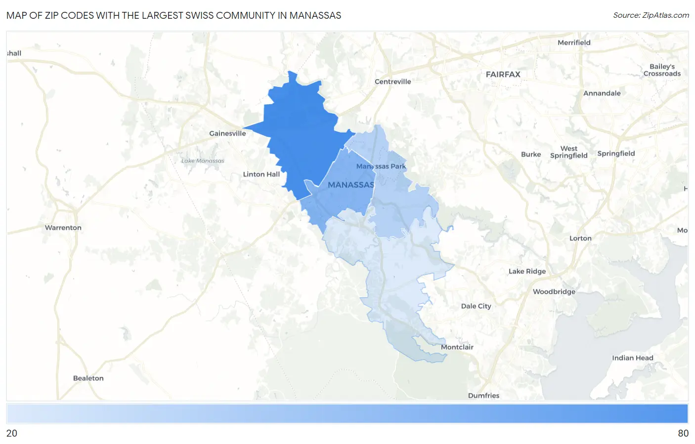 Zip Codes with the Largest Swiss Community in Manassas Map