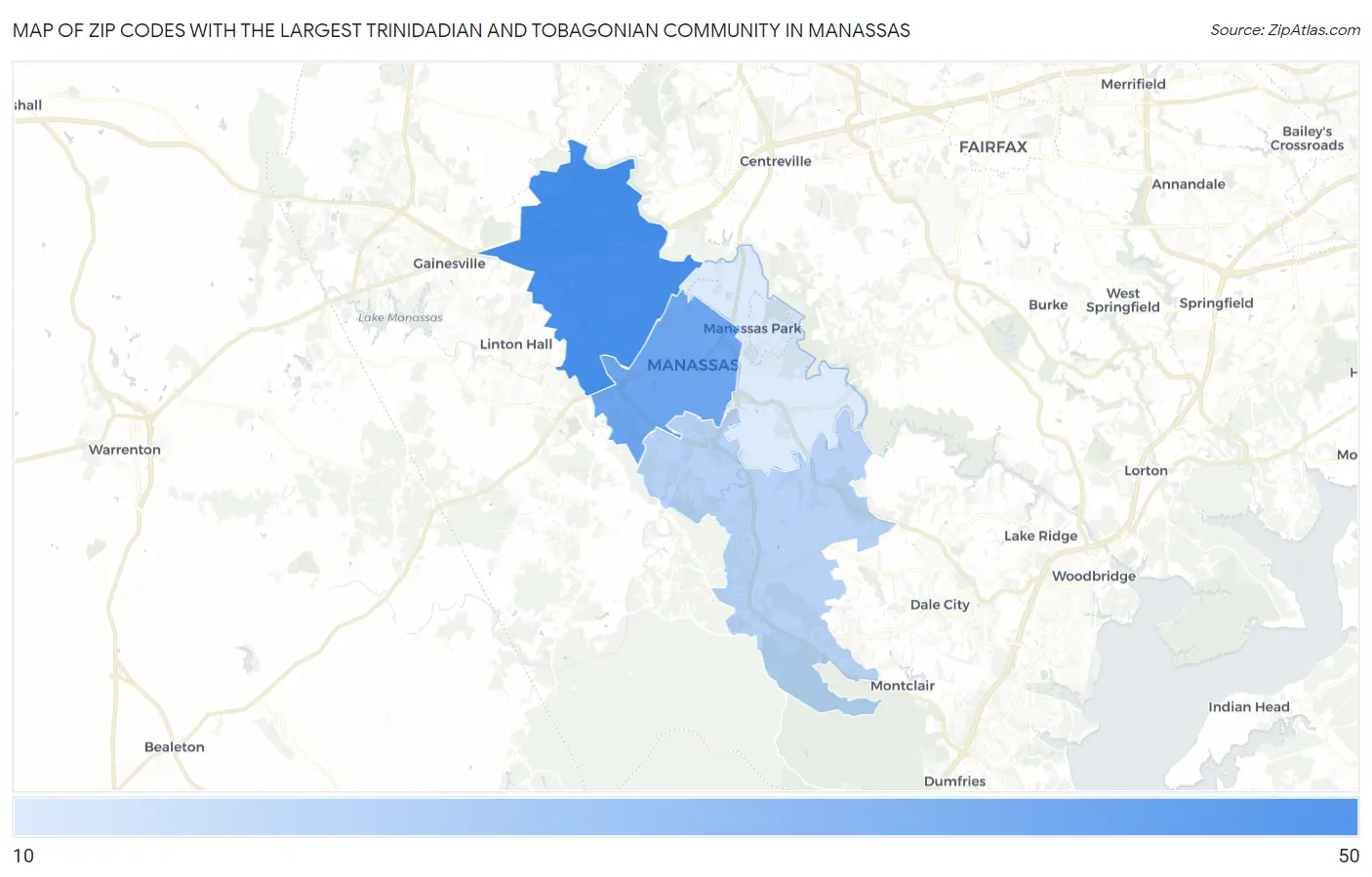 Zip Codes with the Largest Trinidadian and Tobagonian Community in Manassas Map