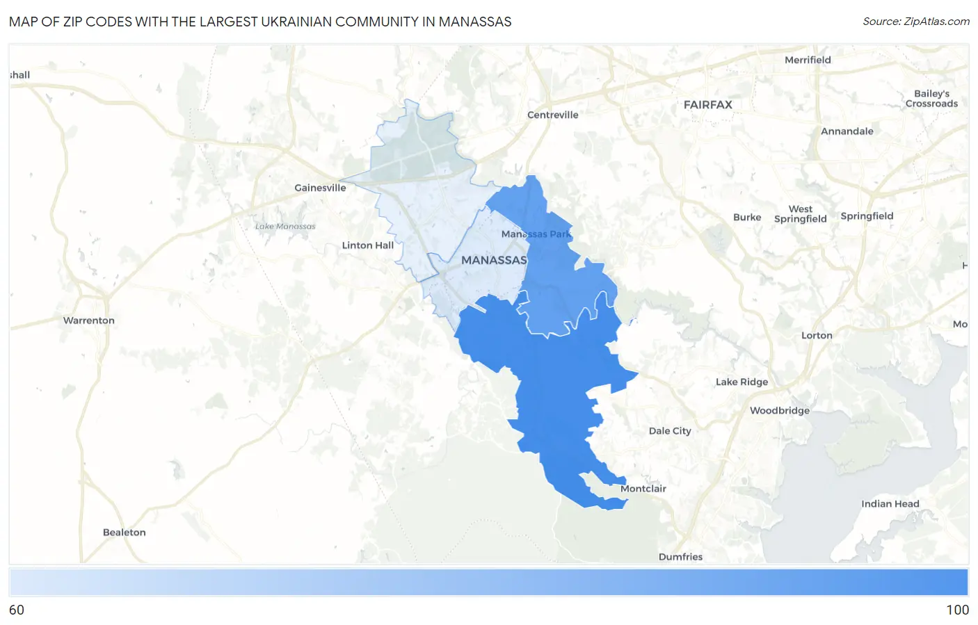 Zip Codes with the Largest Ukrainian Community in Manassas Map