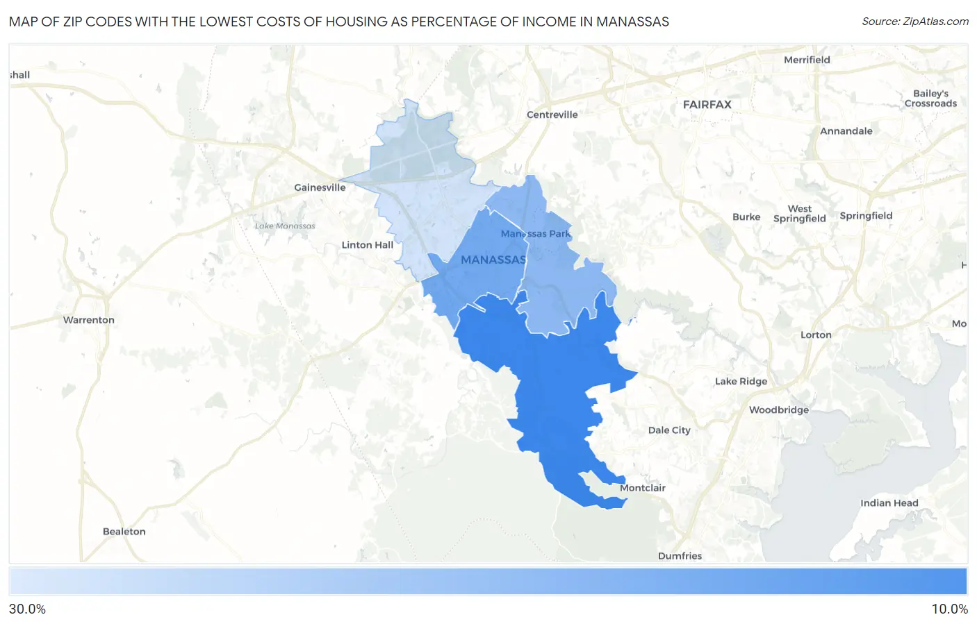 Zip Codes with the Lowest Costs of Housing as Percentage of Income in Manassas Map