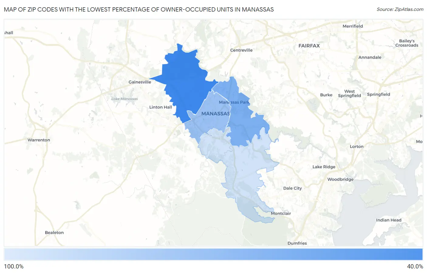 Zip Codes with the Lowest Percentage of Owner-Occupied Units in Manassas Map