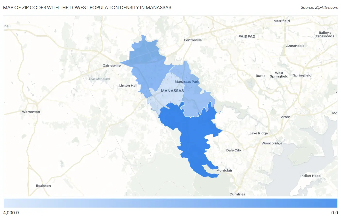 Zip Codes with the Lowest Population Density in Manassas Map