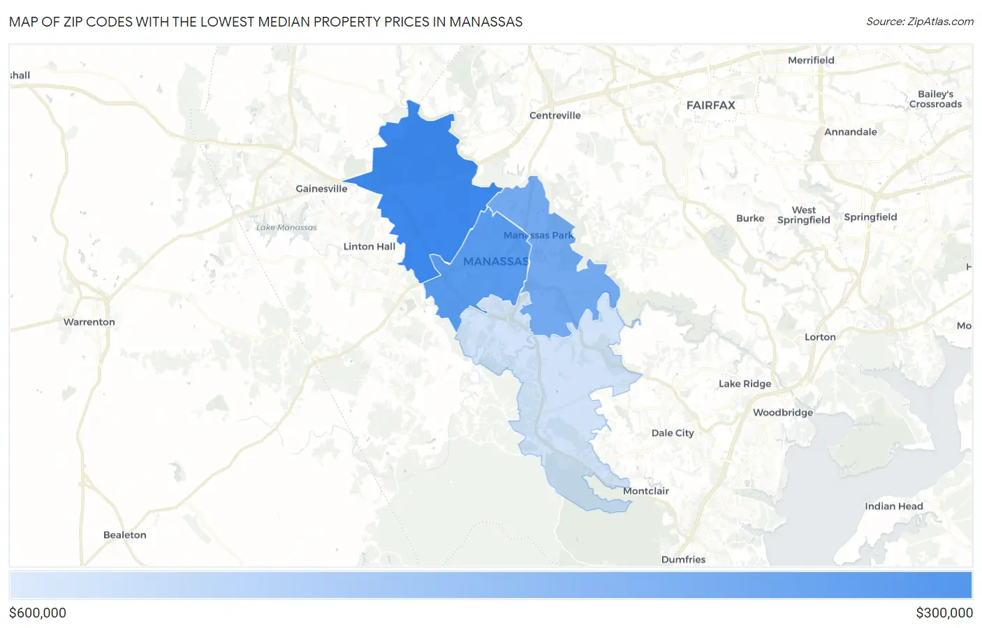 Zip Codes with the Lowest Median Property Prices in Manassas Map