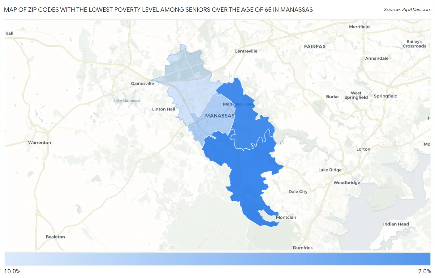 Zip Codes with the Lowest Poverty Level Among Seniors Over the Age of 65 in Manassas Map