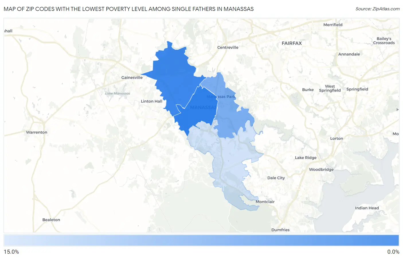 Zip Codes with the Lowest Poverty Level Among Single Fathers in Manassas Map