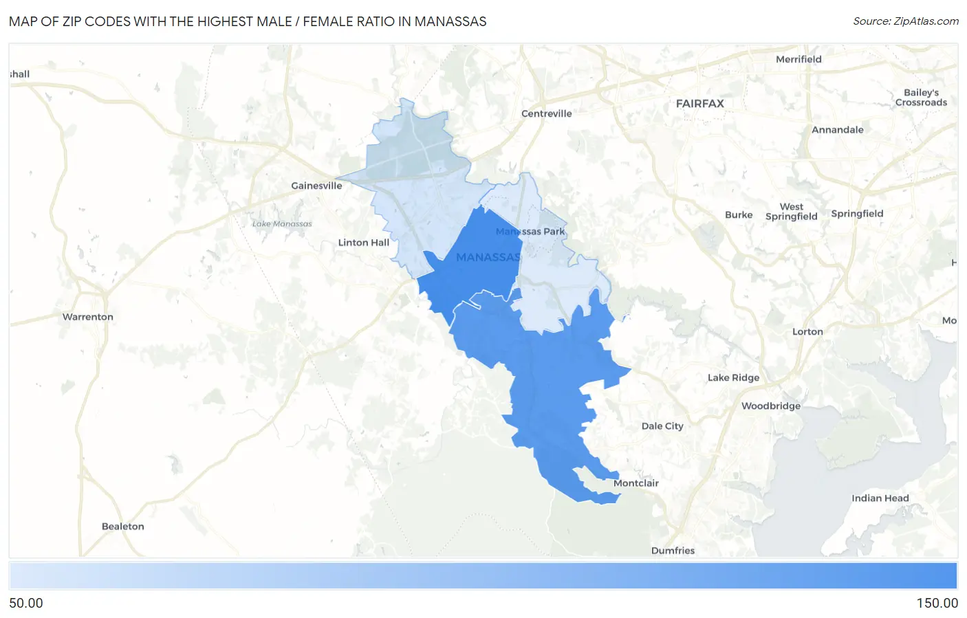 Zip Codes with the Highest Male / Female Ratio in Manassas Map