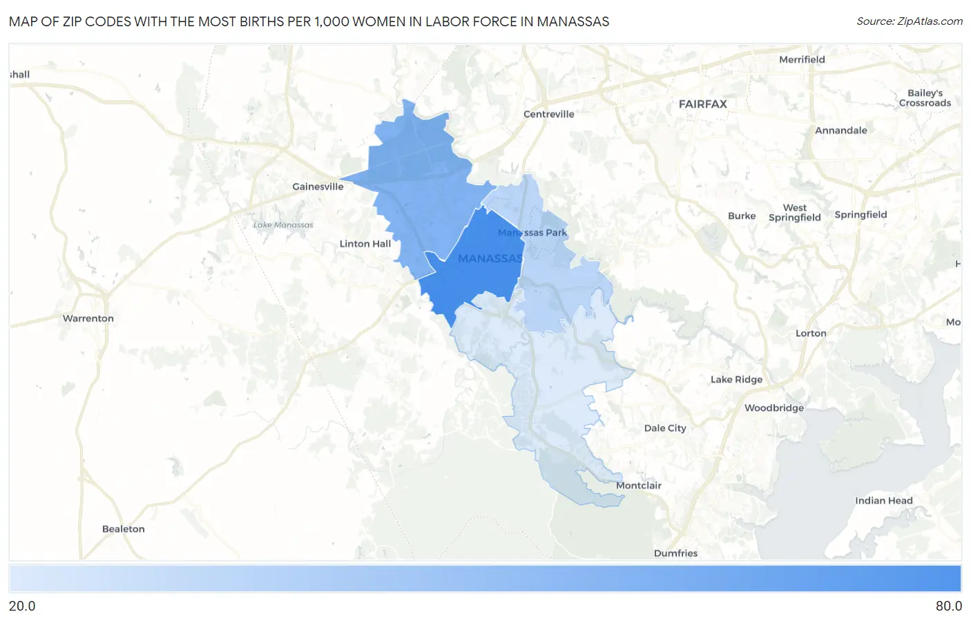 Zip Codes with the Most Births per 1,000 Women in Labor Force in Manassas Map