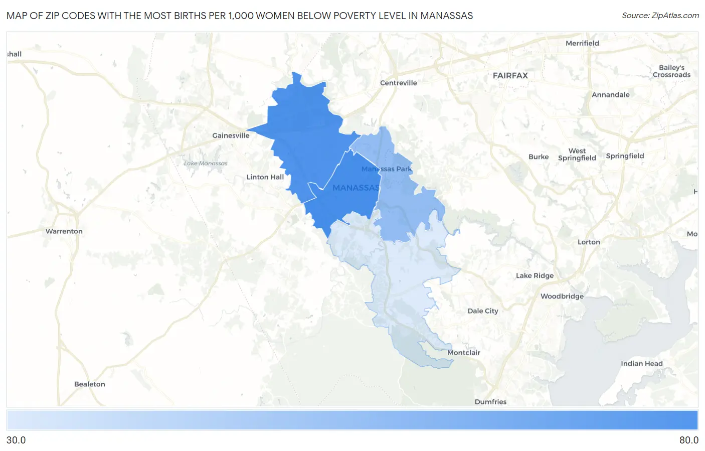 Zip Codes with the Most Births per 1,000 Women Below Poverty Level in Manassas Map