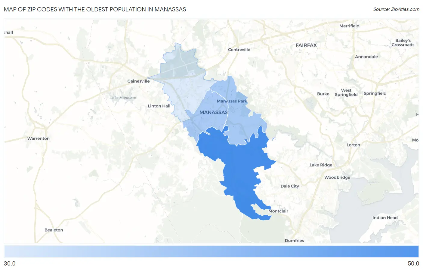 Zip Codes with the Oldest Population in Manassas Map