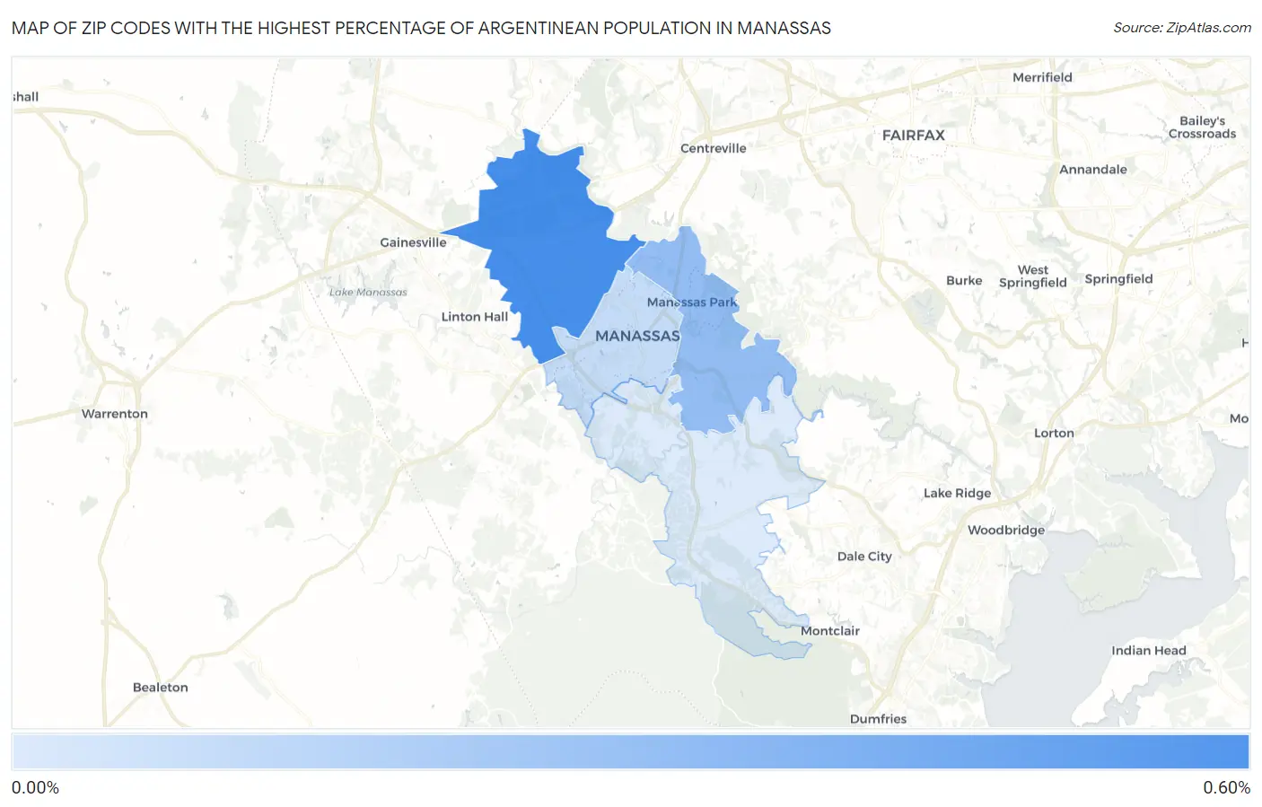 Zip Codes with the Highest Percentage of Argentinean Population in Manassas Map