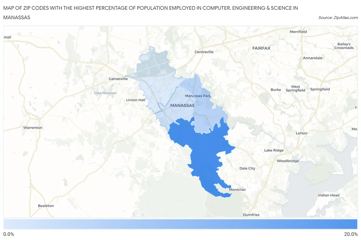 Zip Codes with the Highest Percentage of Population Employed in Computer, Engineering & Science in Manassas Map