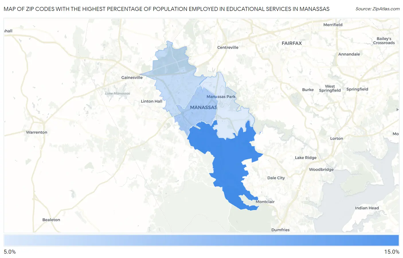 Zip Codes with the Highest Percentage of Population Employed in Educational Services in Manassas Map