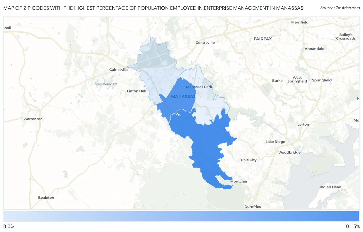 Zip Codes with the Highest Percentage of Population Employed in Enterprise Management in Manassas Map