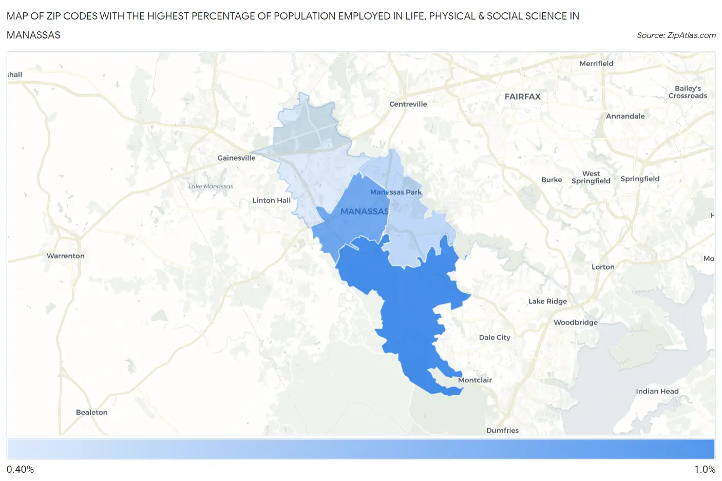 Zip Codes with the Highest Percentage of Population Employed in Life, Physical & Social Science in Manassas Map