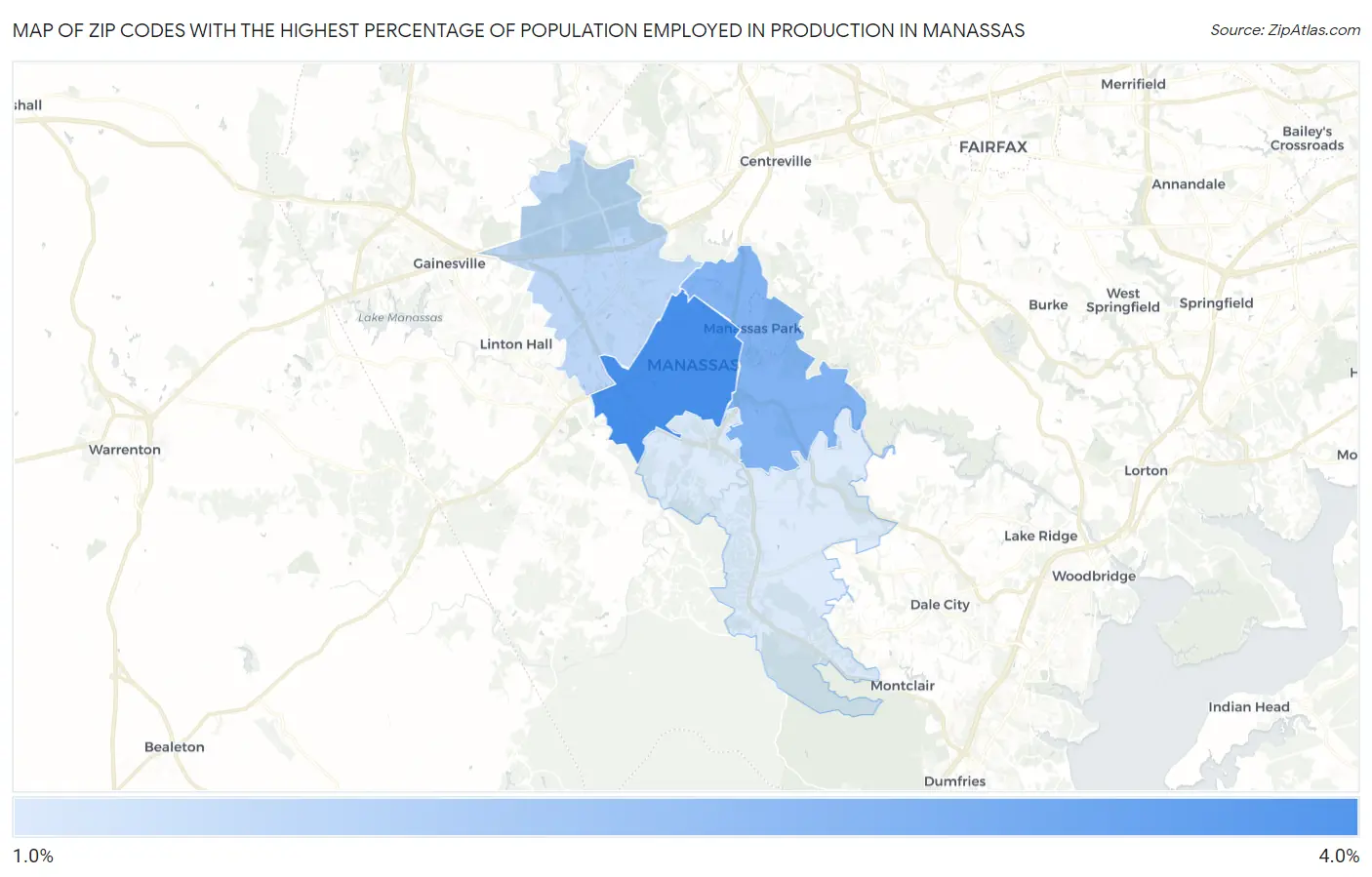 Zip Codes with the Highest Percentage of Population Employed in Production in Manassas Map