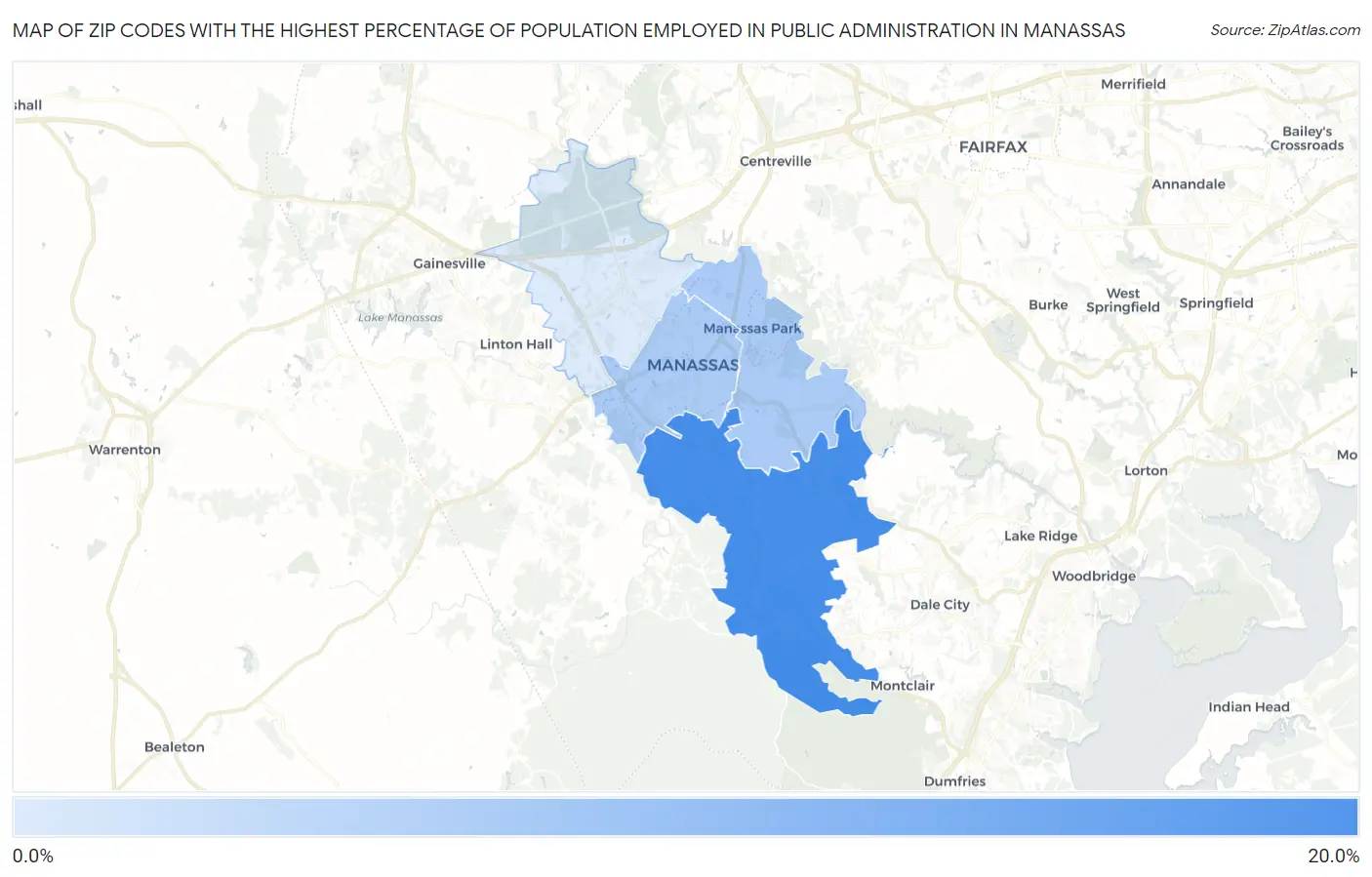 Zip Codes with the Highest Percentage of Population Employed in Public Administration in Manassas Map