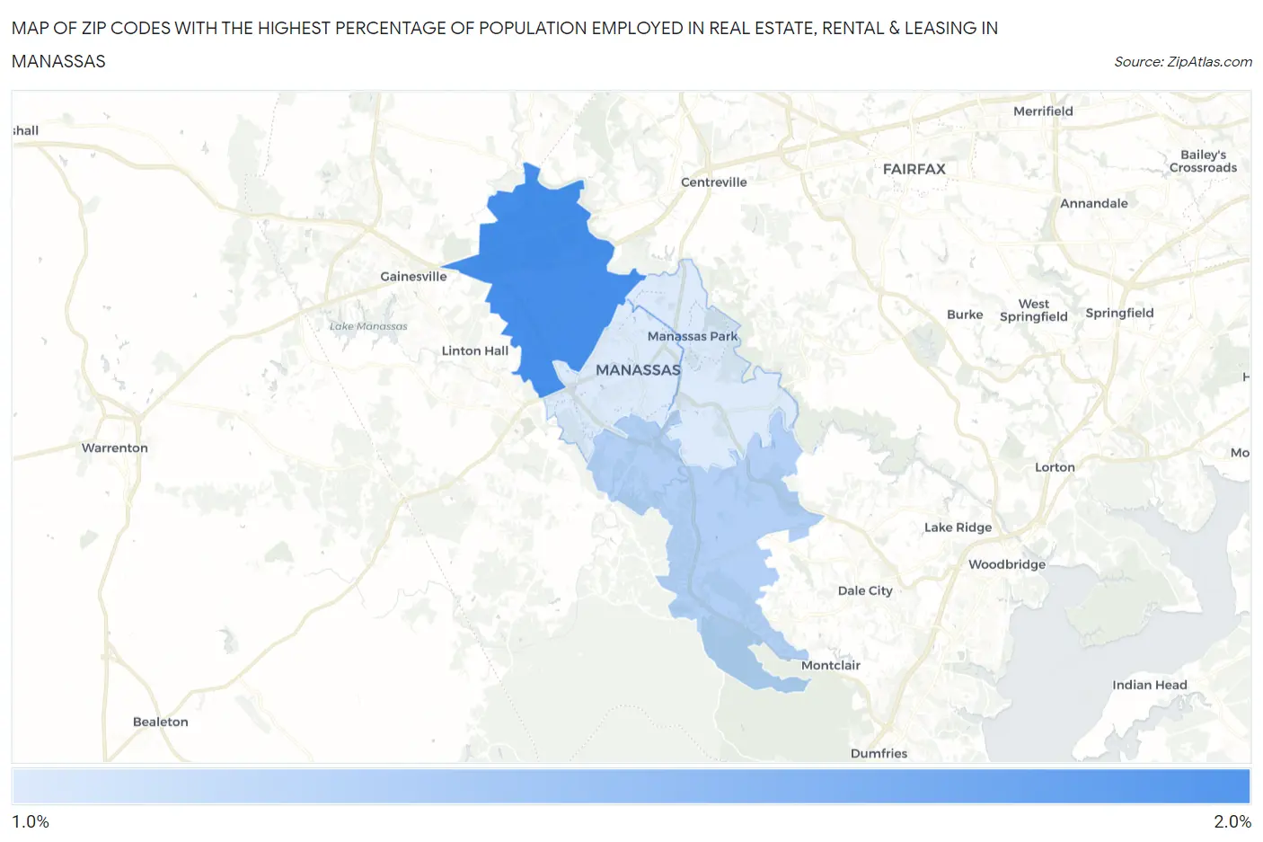 Zip Codes with the Highest Percentage of Population Employed in Real Estate, Rental & Leasing in Manassas Map