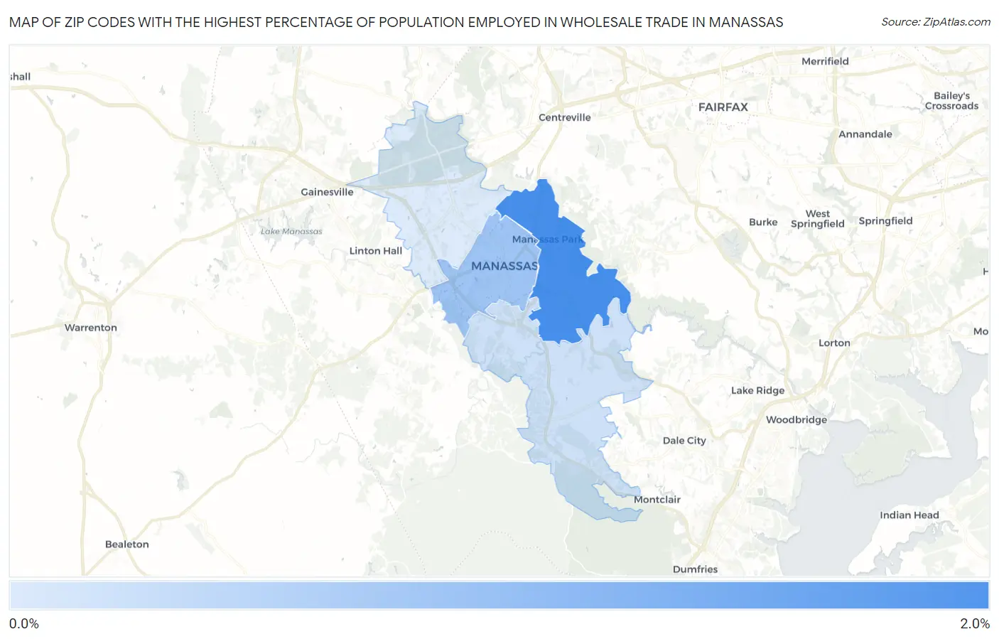 Zip Codes with the Highest Percentage of Population Employed in Wholesale Trade in Manassas Map
