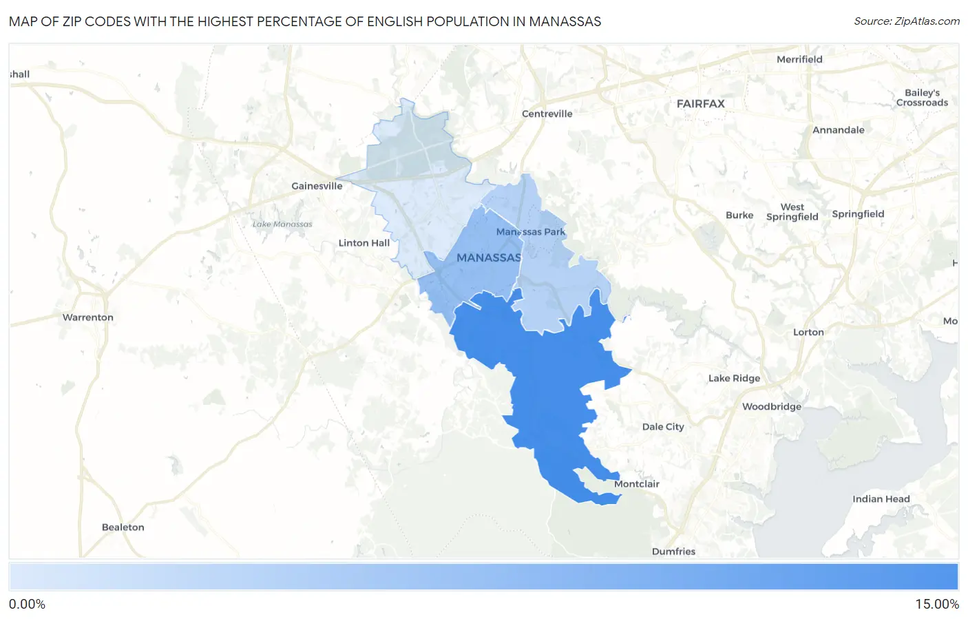 Zip Codes with the Highest Percentage of English Population in Manassas Map