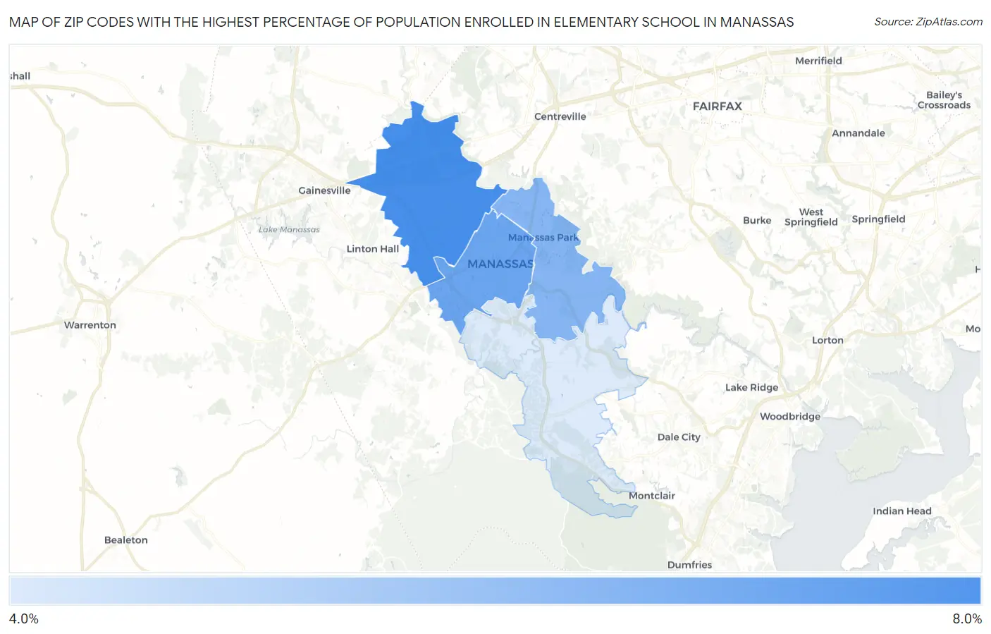 Zip Codes with the Highest Percentage of Population Enrolled in Elementary School in Manassas Map