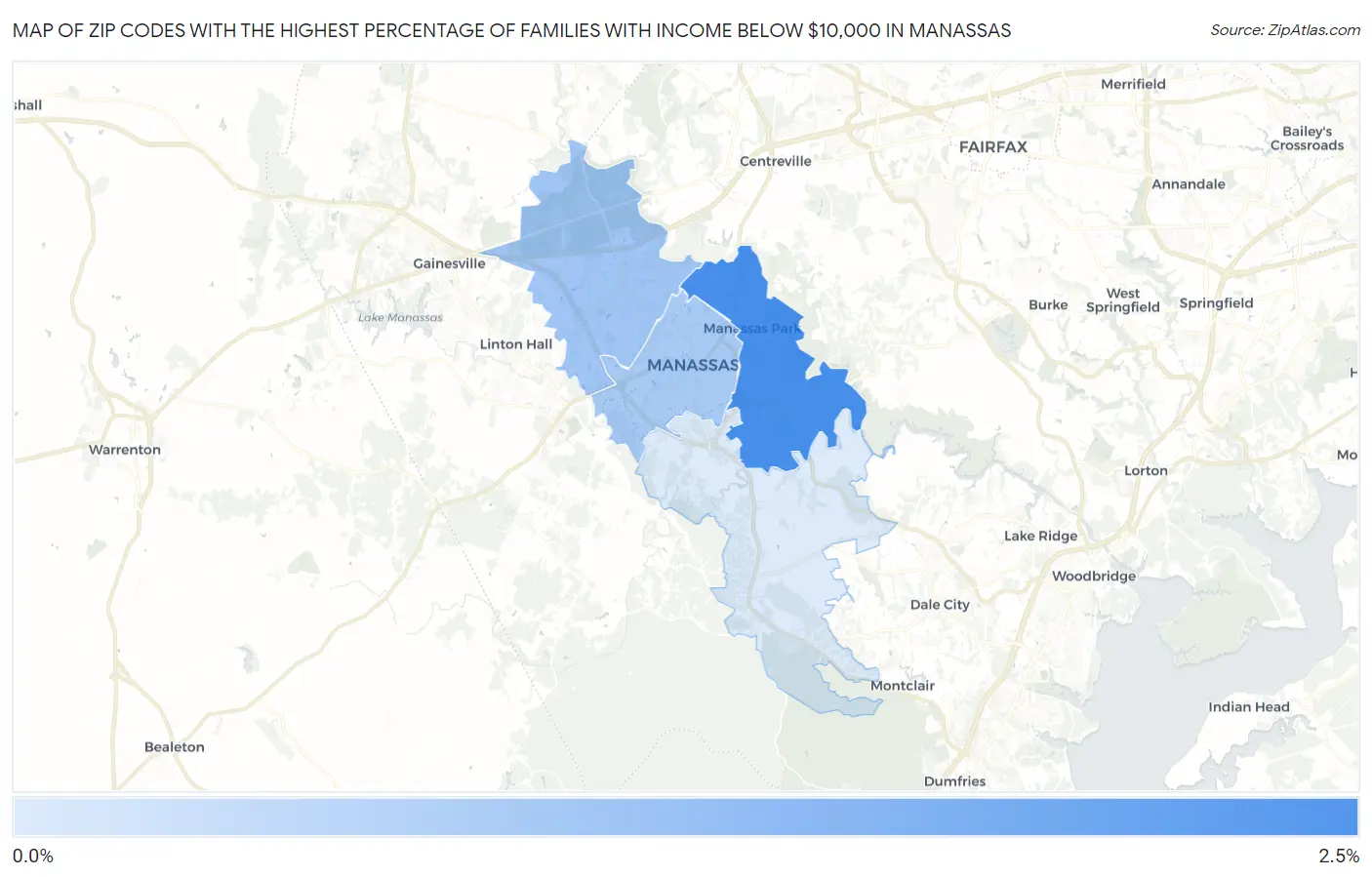 Zip Codes with the Highest Percentage of Families with Income Below $10,000 in Manassas Map
