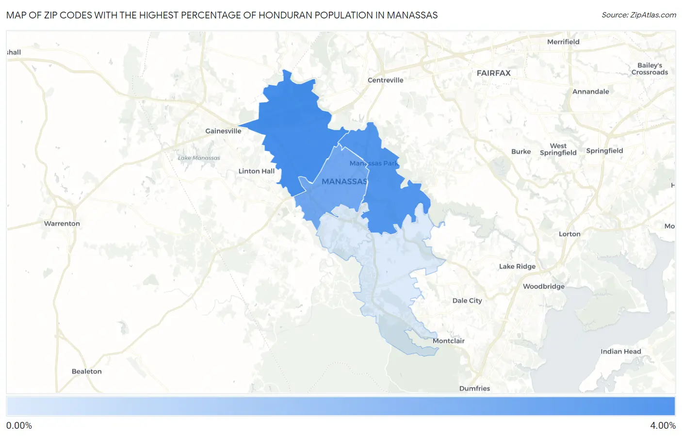 Zip Codes with the Highest Percentage of Honduran Population in Manassas Map