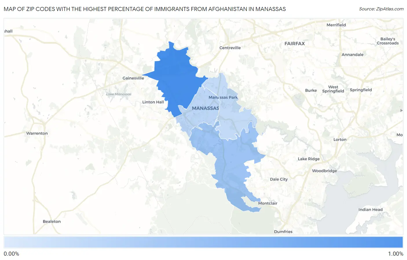 Zip Codes with the Highest Percentage of Immigrants from Afghanistan in Manassas Map