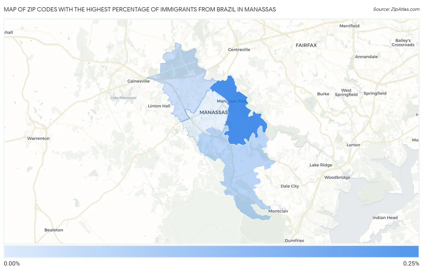 Zip Codes with the Highest Percentage of Immigrants from Brazil in Manassas Map
