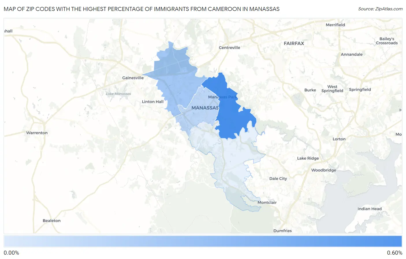Zip Codes with the Highest Percentage of Immigrants from Cameroon in Manassas Map
