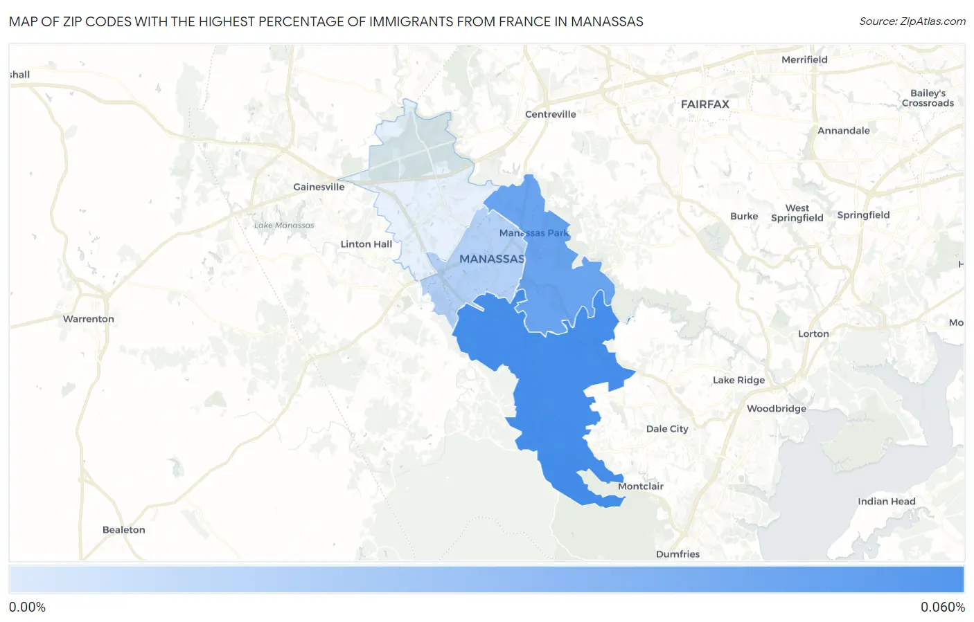 Zip Codes with the Highest Percentage of Immigrants from France in Manassas Map