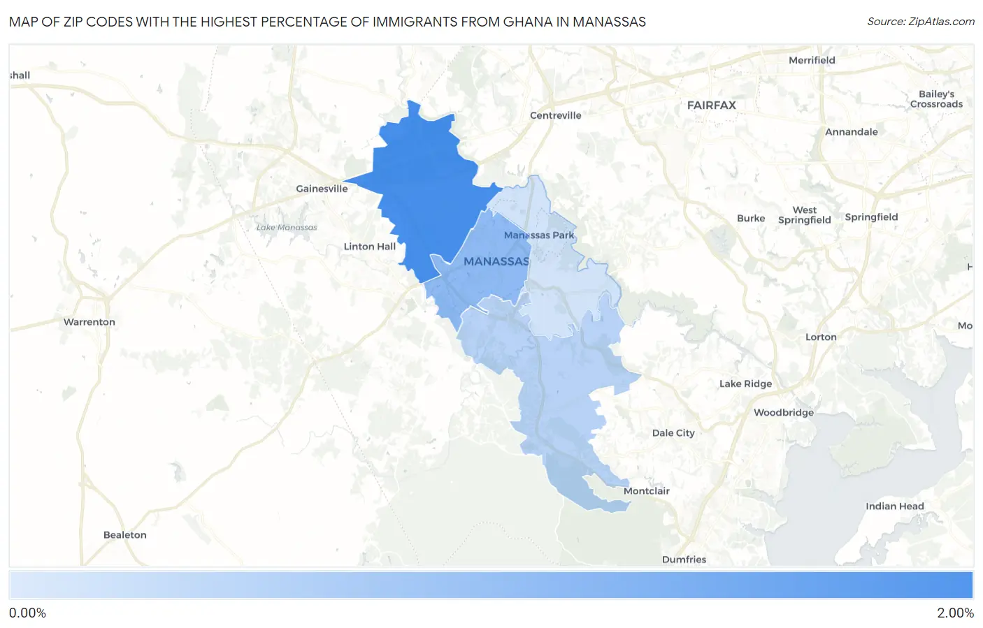 Zip Codes with the Highest Percentage of Immigrants from Ghana in Manassas Map