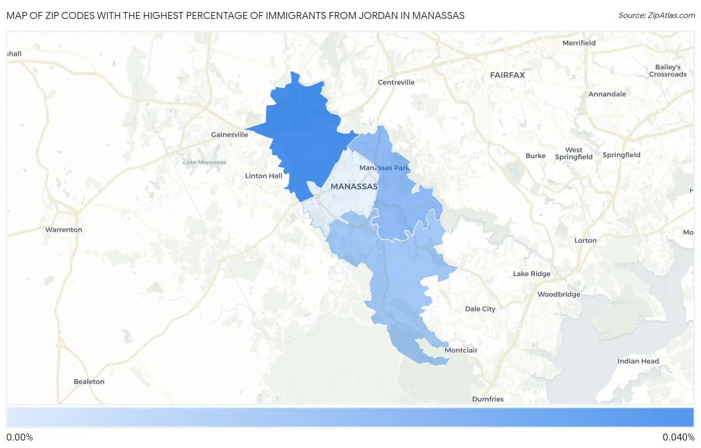 Zip Codes with the Highest Percentage of Immigrants from Jordan in Manassas Map