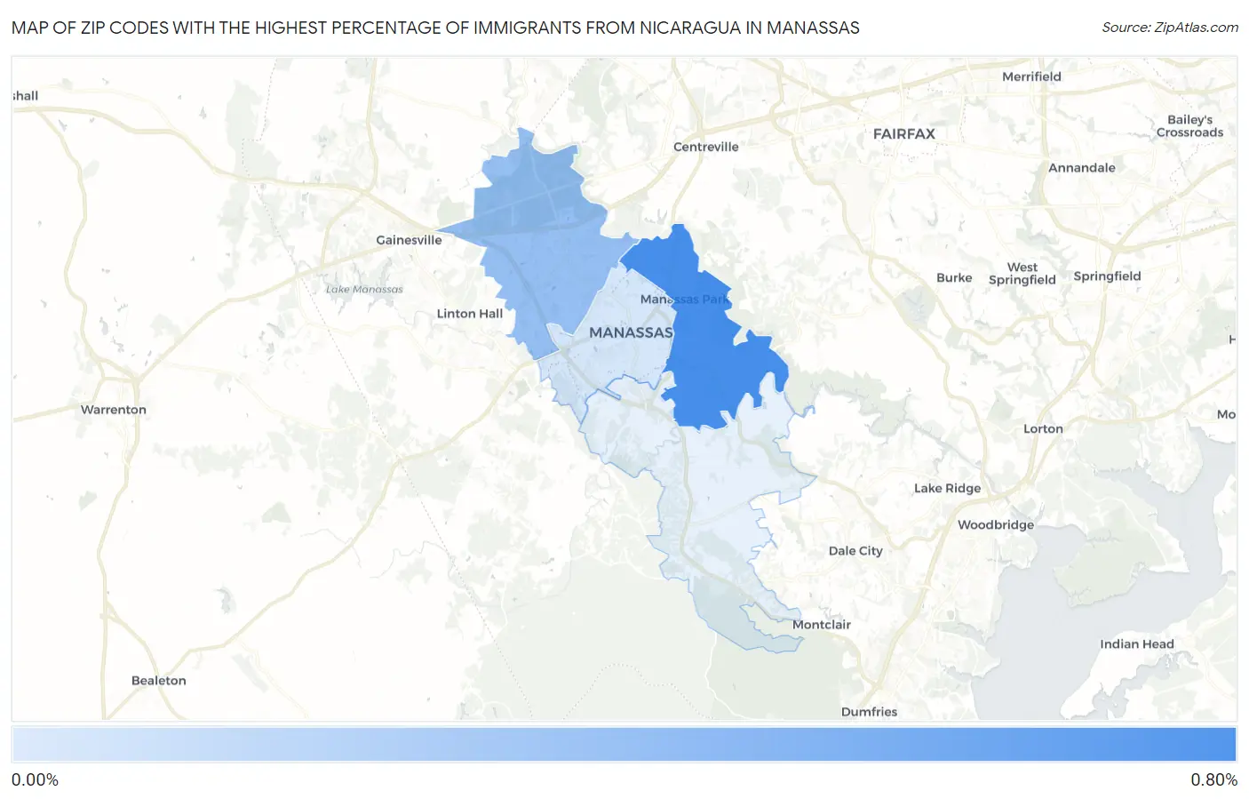 Zip Codes with the Highest Percentage of Immigrants from Nicaragua in Manassas Map