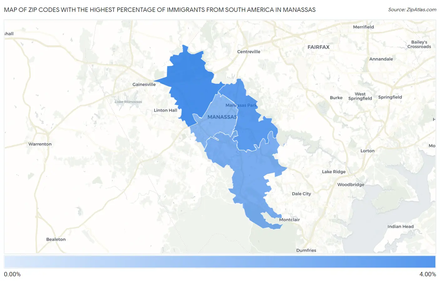 Zip Codes with the Highest Percentage of Immigrants from South America in Manassas Map