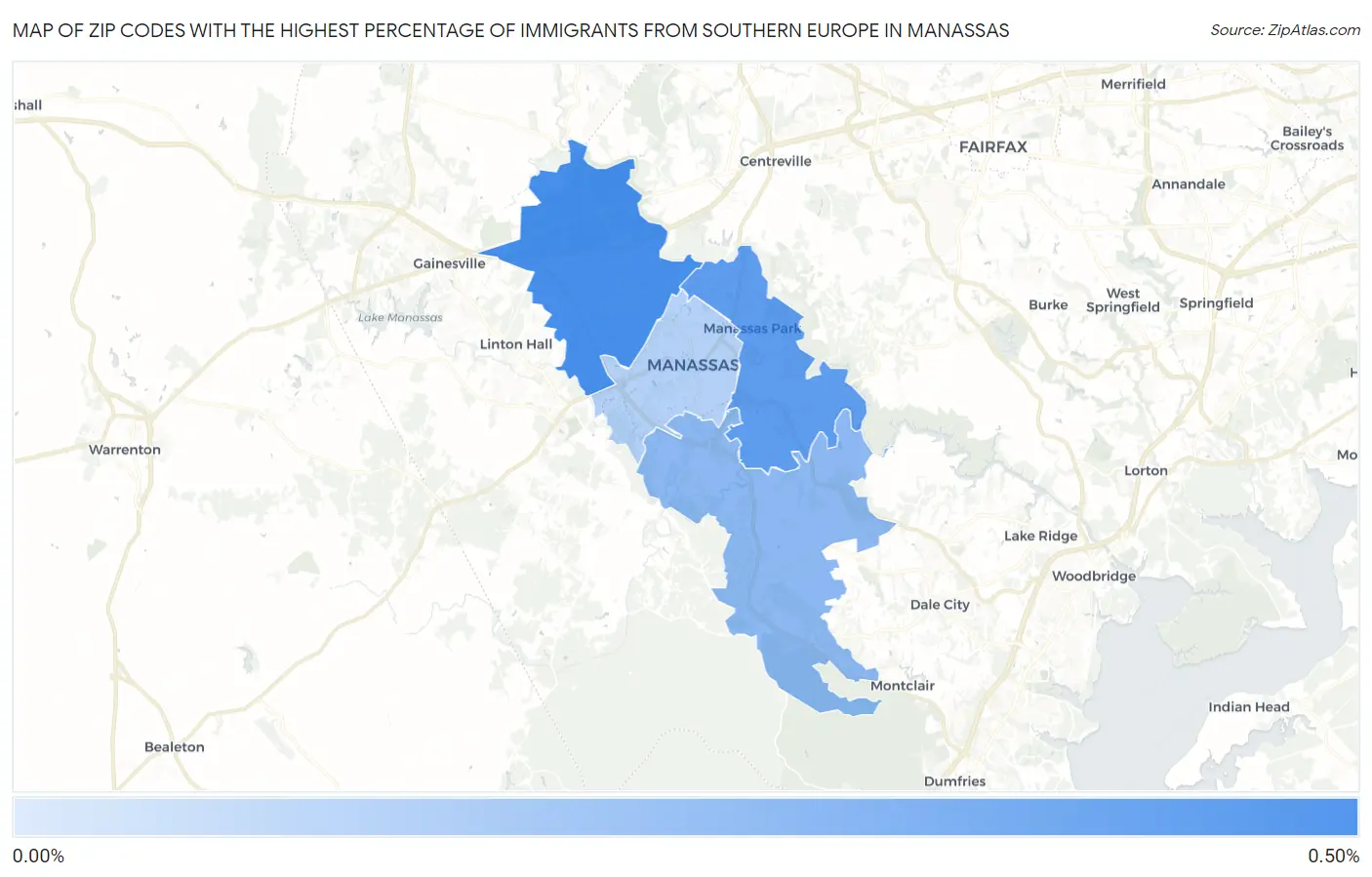 Zip Codes with the Highest Percentage of Immigrants from Southern Europe in Manassas Map