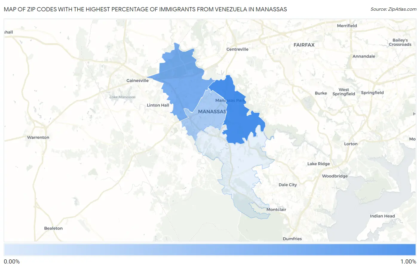 Zip Codes with the Highest Percentage of Immigrants from Venezuela in Manassas Map