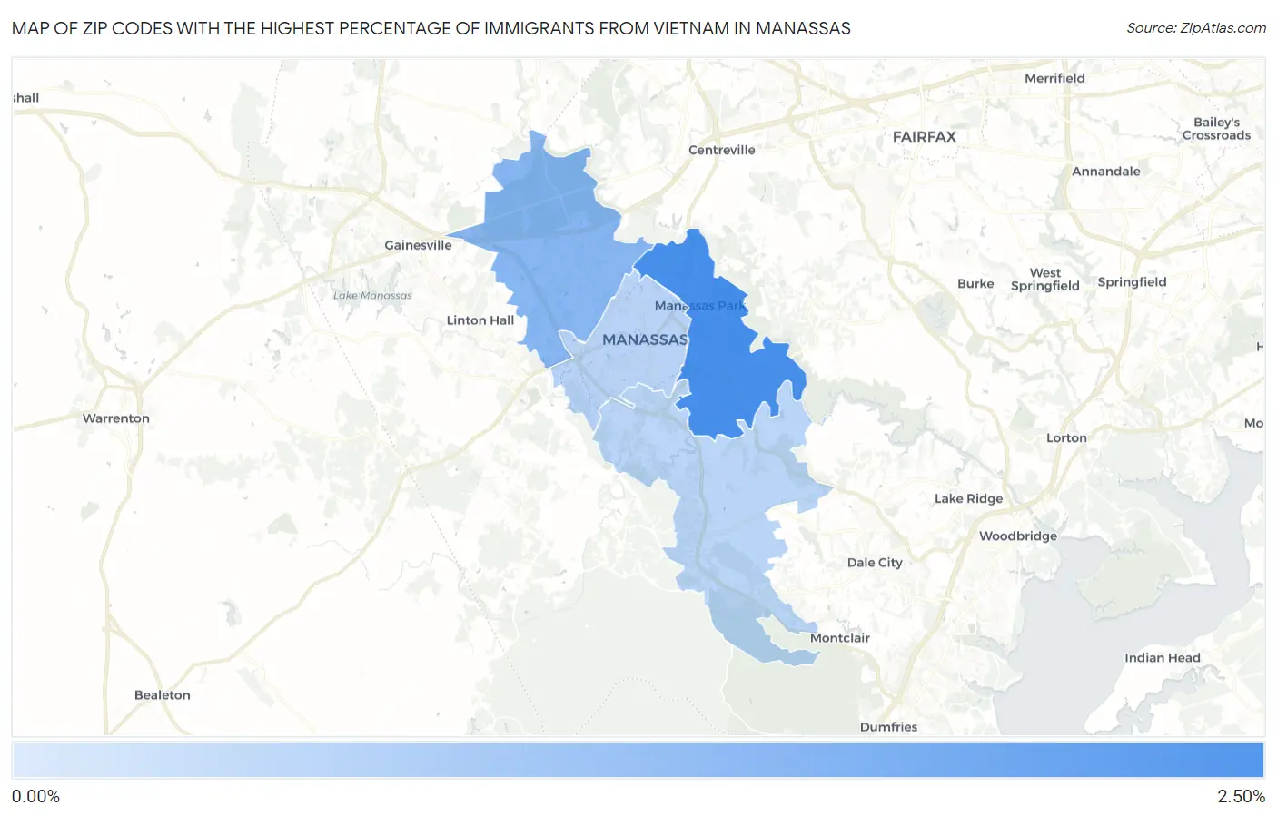 Zip Codes with the Highest Percentage of Immigrants from Vietnam in Manassas Map
