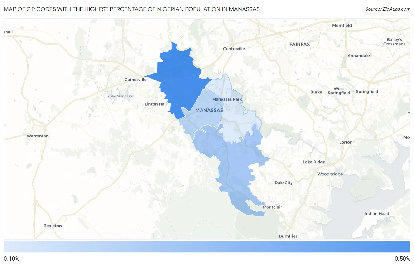 Zip Codes with the Highest Percentage of Nigerian Population in Manassas Map