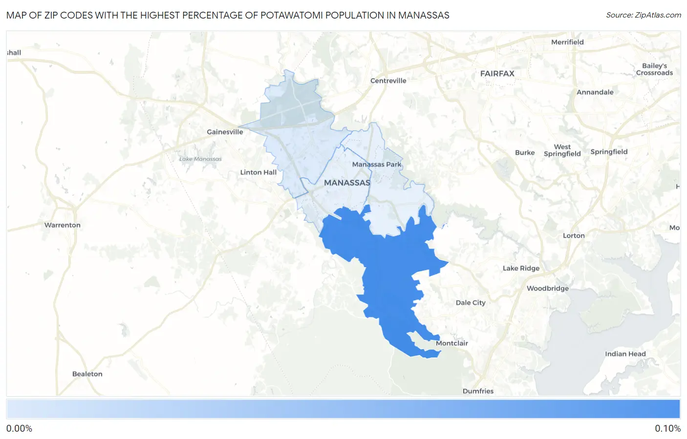 Zip Codes with the Highest Percentage of Potawatomi Population in Manassas Map