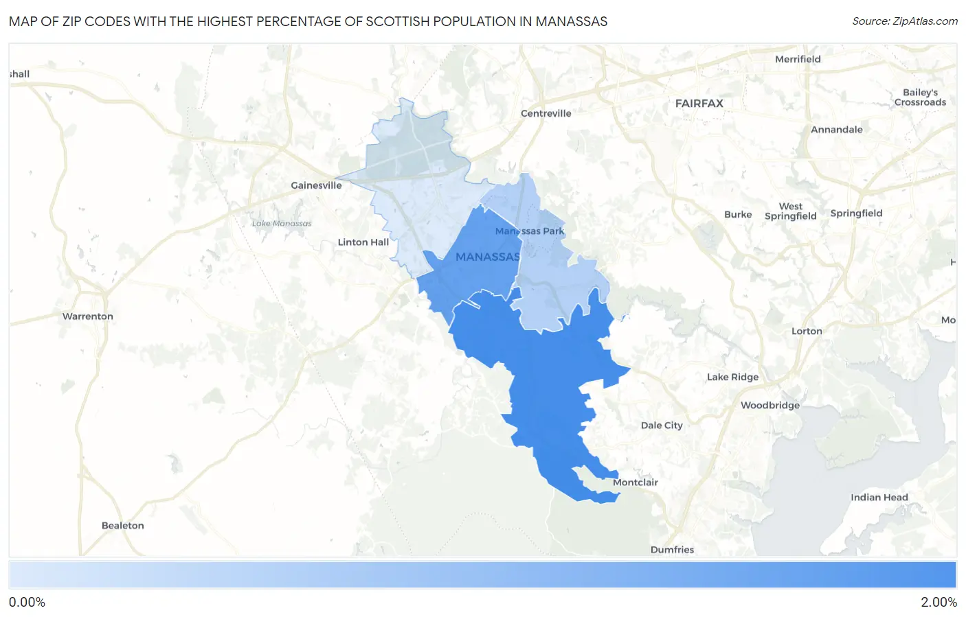 Zip Codes with the Highest Percentage of Scottish Population in Manassas Map