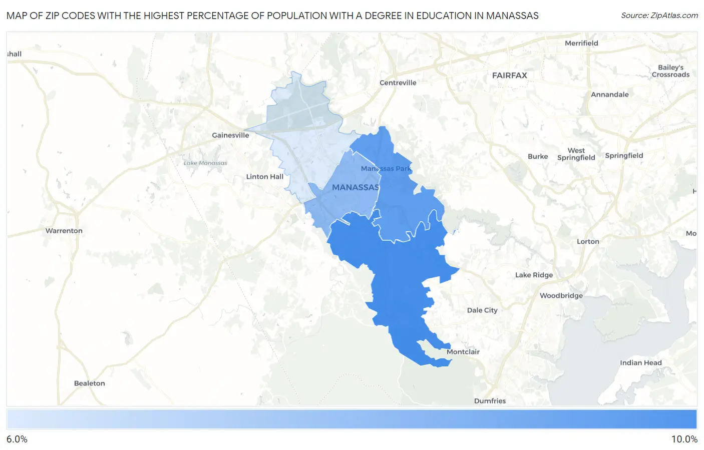 Zip Codes with the Highest Percentage of Population with a Degree in Education in Manassas Map