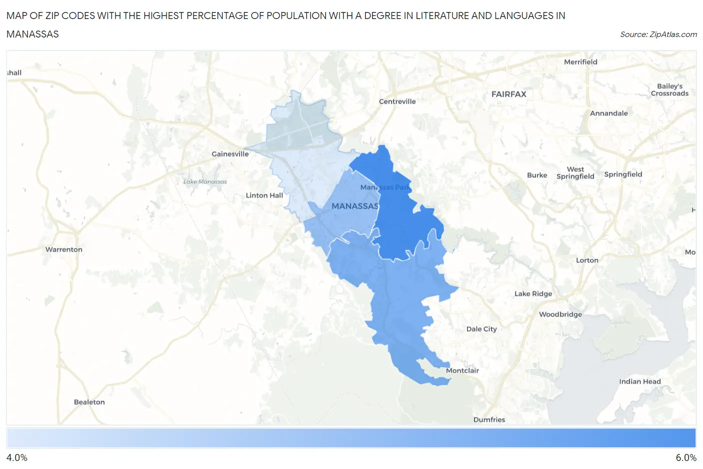 Zip Codes with the Highest Percentage of Population with a Degree in Literature and Languages in Manassas Map