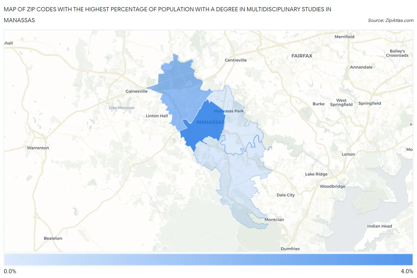 Zip Codes with the Highest Percentage of Population with a Degree in Multidisciplinary Studies in Manassas Map