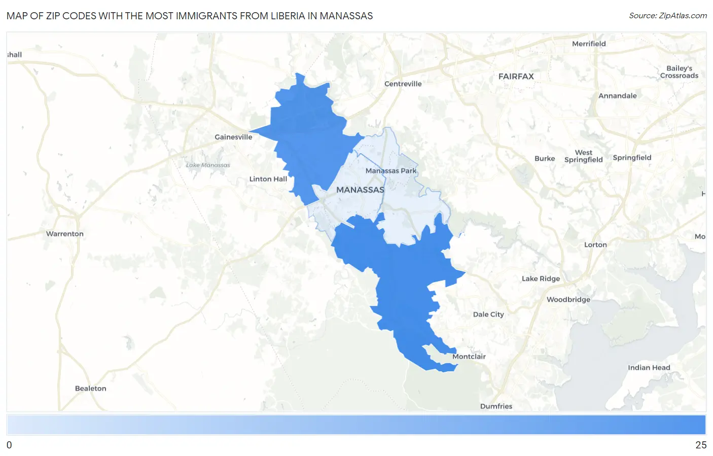 Zip Codes with the Most Immigrants from Liberia in Manassas Map