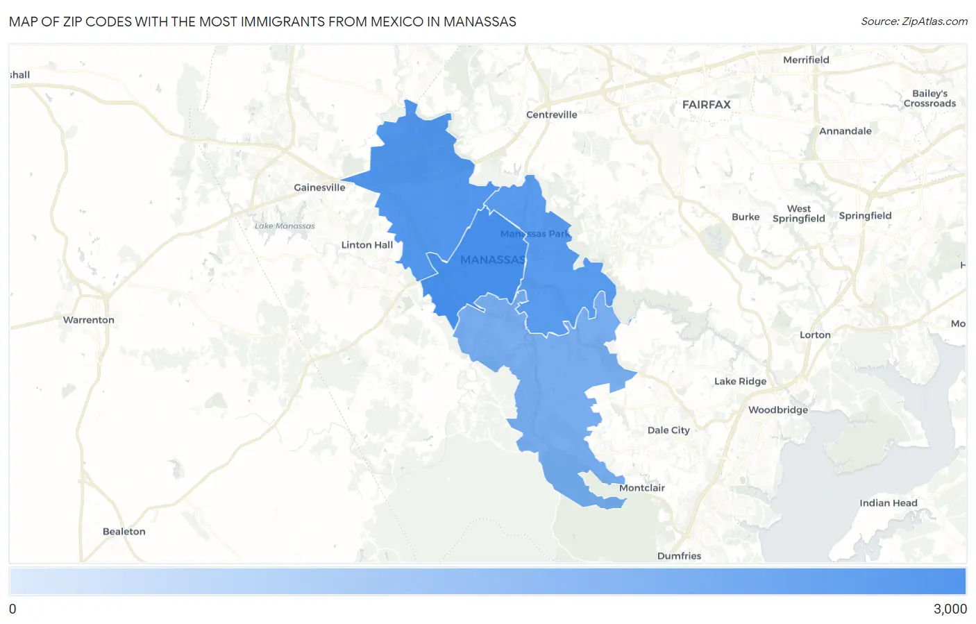 Zip Codes with the Most Immigrants from Mexico in Manassas Map