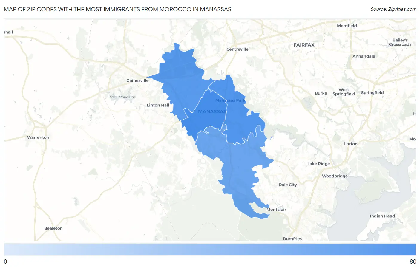 Zip Codes with the Most Immigrants from Morocco in Manassas Map