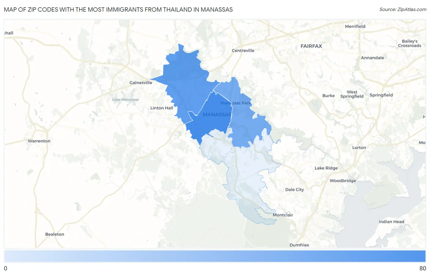 Zip Codes with the Most Immigrants from Thailand in Manassas Map